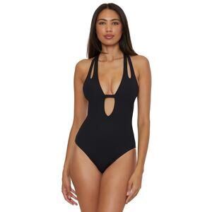 Becca Women's Modern Edge Textured Plunging-Neck Swimsuit Black Size L 0637